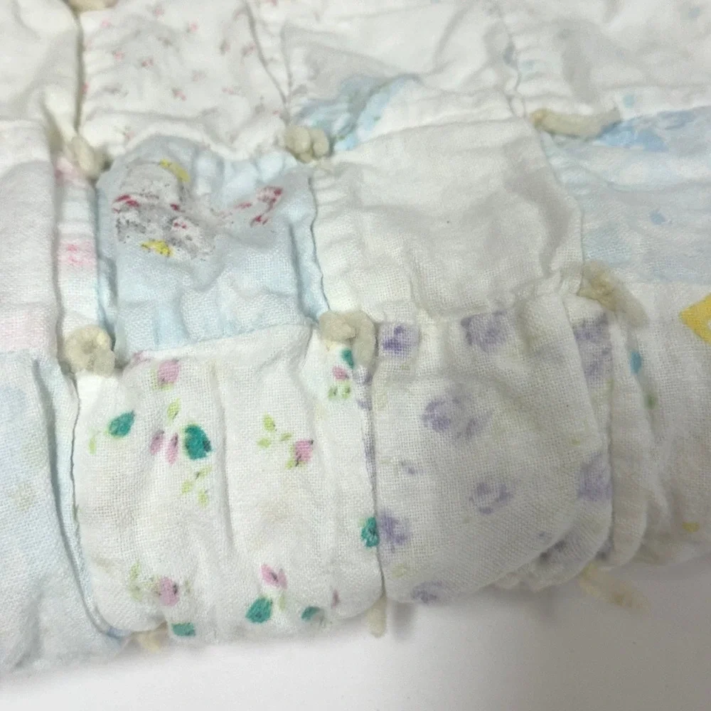 Handmade Vintage Baby Quilt Patchwork Pastel Hand Tied Nursery Blanket 35x32